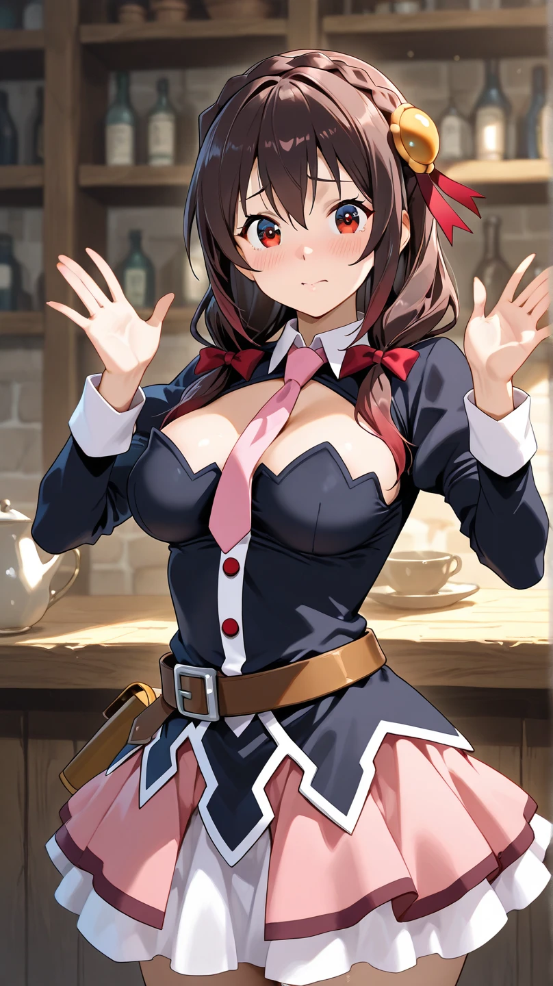Yunyun, 1girl, solo, portrait, looking at viewer, crown braid, shirt, collar, juliet sleeves, low twintails, pink miniskirt, thighhighs, necktie, belt,blushing, perfect quality, good quality, masterpiece, HDR, UHD ,white lace panties,lift skirt,
