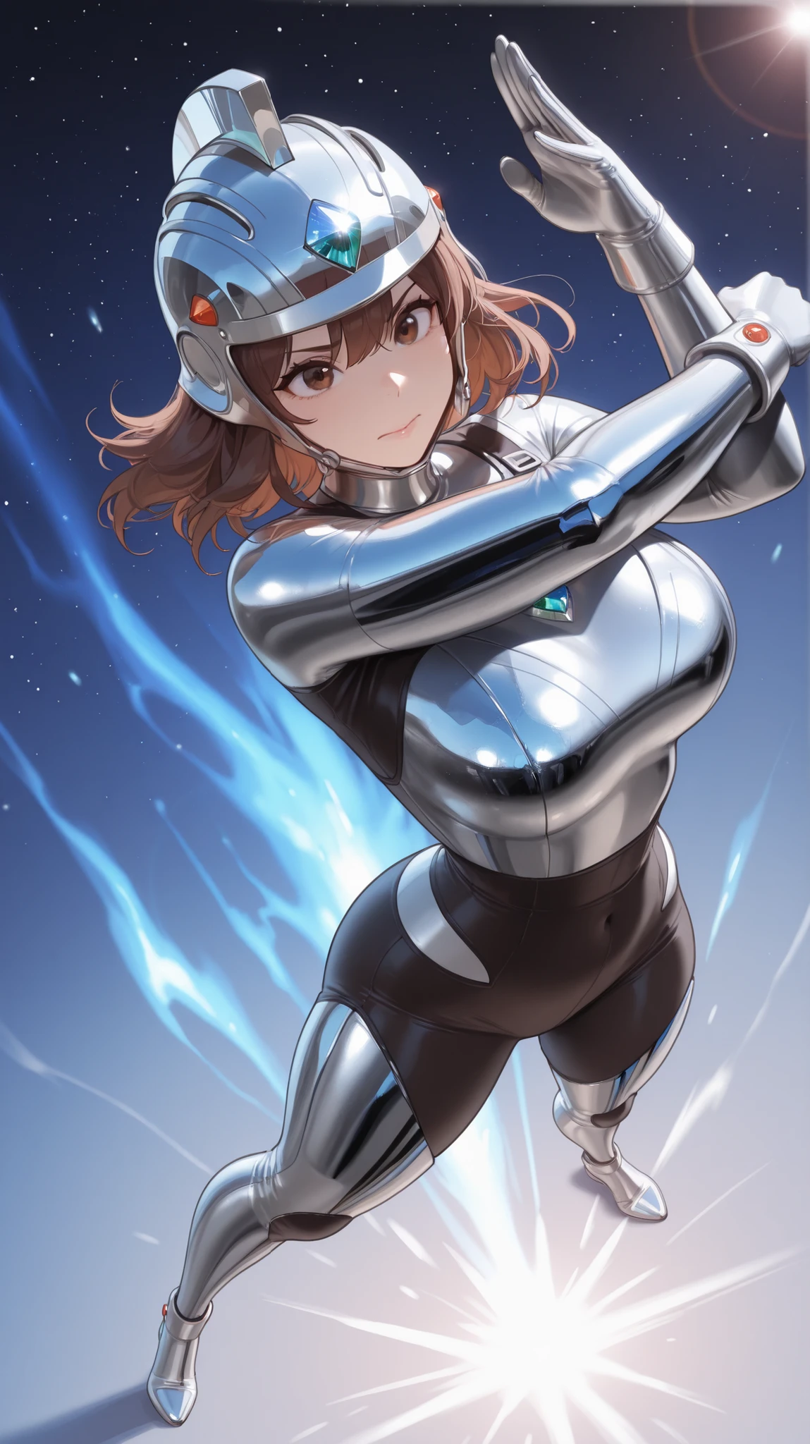 masterpiece, best quality, highres, very aesthetic, absurdres, 1girl, brown hair, brown eyes, ultra-moe, atlethic body, full body view, (polished chrome:1.2), (textured latex suit:1.1), flexible rubber armor, visible panel lines, FRP helmet, glowing core, ethereal aura, particle effects, lens flare, (dynamic action pose:1.3), dramatic high angle shot, (impact frame:1.2), galaxies in background, arrivirng cousing tremors (high resolution 1.2),