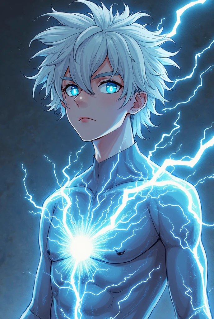 masterpiece,best quality,ultra-detailed,1boy,blue lighting,blue electricity,wrapped in electricity all over the body,black_background,rain,white hair,white