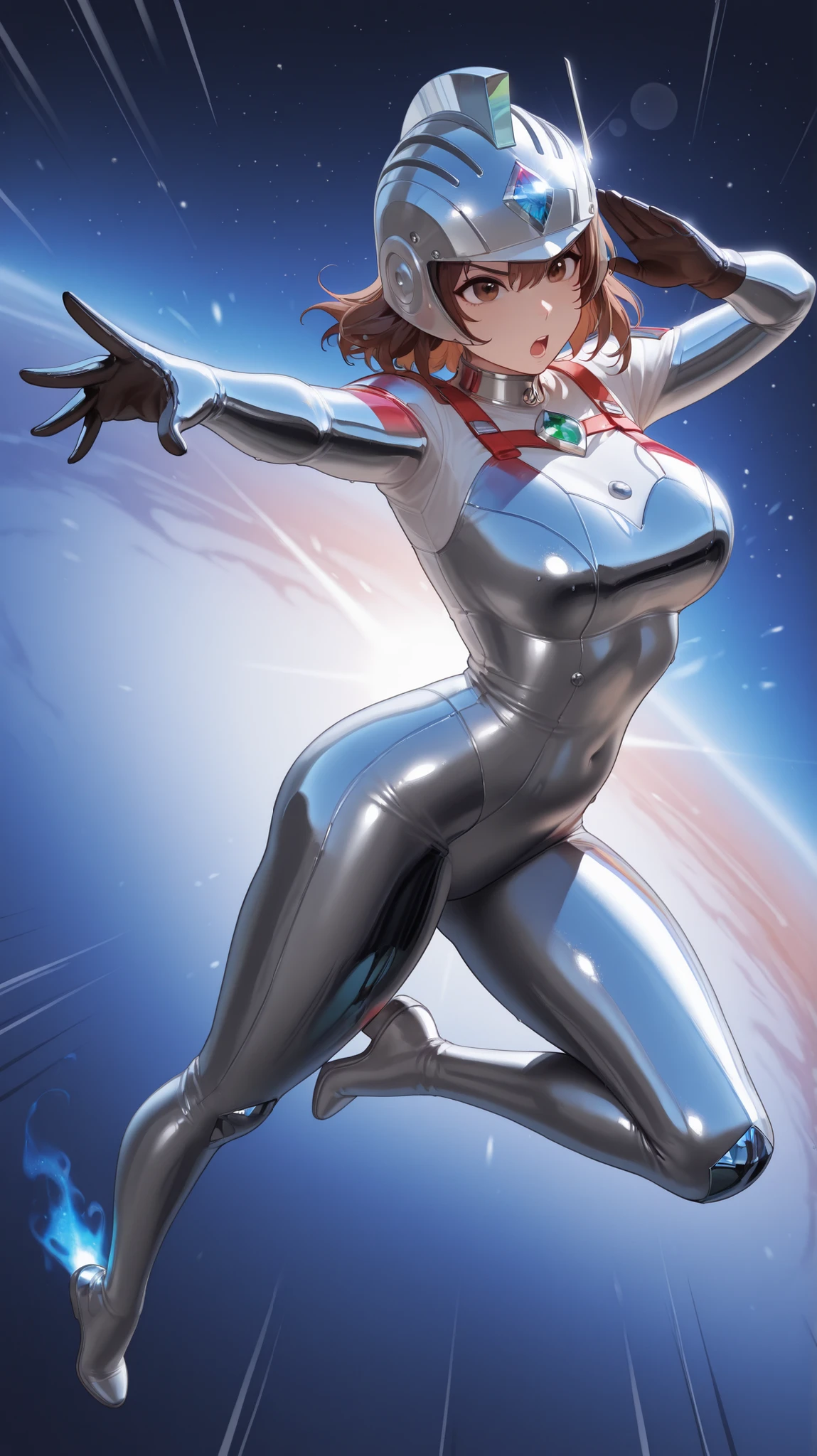 masterpiece, best quality, highres, very aesthetic, absurdres, 1girl, brown hair, brown eyes, ultra-moe, atlethic body, full body view,  (polished chrome:1.2),  (textured latex suit:1.1),  flexible rubber armor,  visible panel lines,  FRP helmet,   glowing core,  ethereal aura,  particle effects,  lens flare,  (dynamic action pose:1.3),  dramatic high angle shot,  (impact frame:1.2), galaxies in background, arrivirng cousing tremors (high resolution 1.2), 