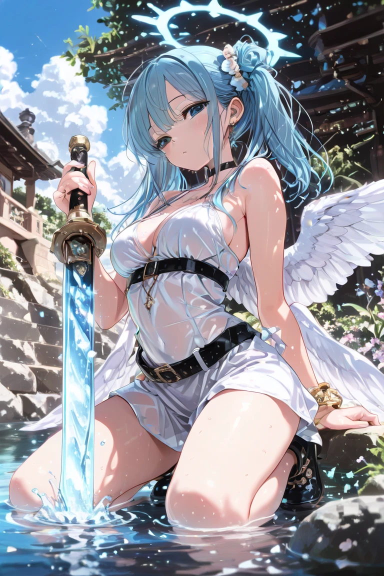 ((From before、True Face、Shot from a little below、Light up from below))、Beautiful and cute gal、(((Shortcuts、The background is a waterfall and an abandoned building covered in moss.、Angel Halo、The areola is showing through)))、highest quality、ウルトラ - High resolution、High resolution、Highly detailed CG、8k unit wallpaper、27 years old、(((A detailed and beautiful face、Detailed and beautiful eyes,Very large breasts、Platinum Blonde Hair、contrast)))、((((((( Brown Skin:2、Dark Skin:2 , Cleavage ,Moist eyes)))))))、(Black glossy body:1.8),((Sunburn mark))、((((((loose socks、Sweat、White cloth and white loincloth、Thin cloth、Fluttering in the wind、High heels、Knees wide open to the outside、touch hair、Luminescent Holy Sword))))))