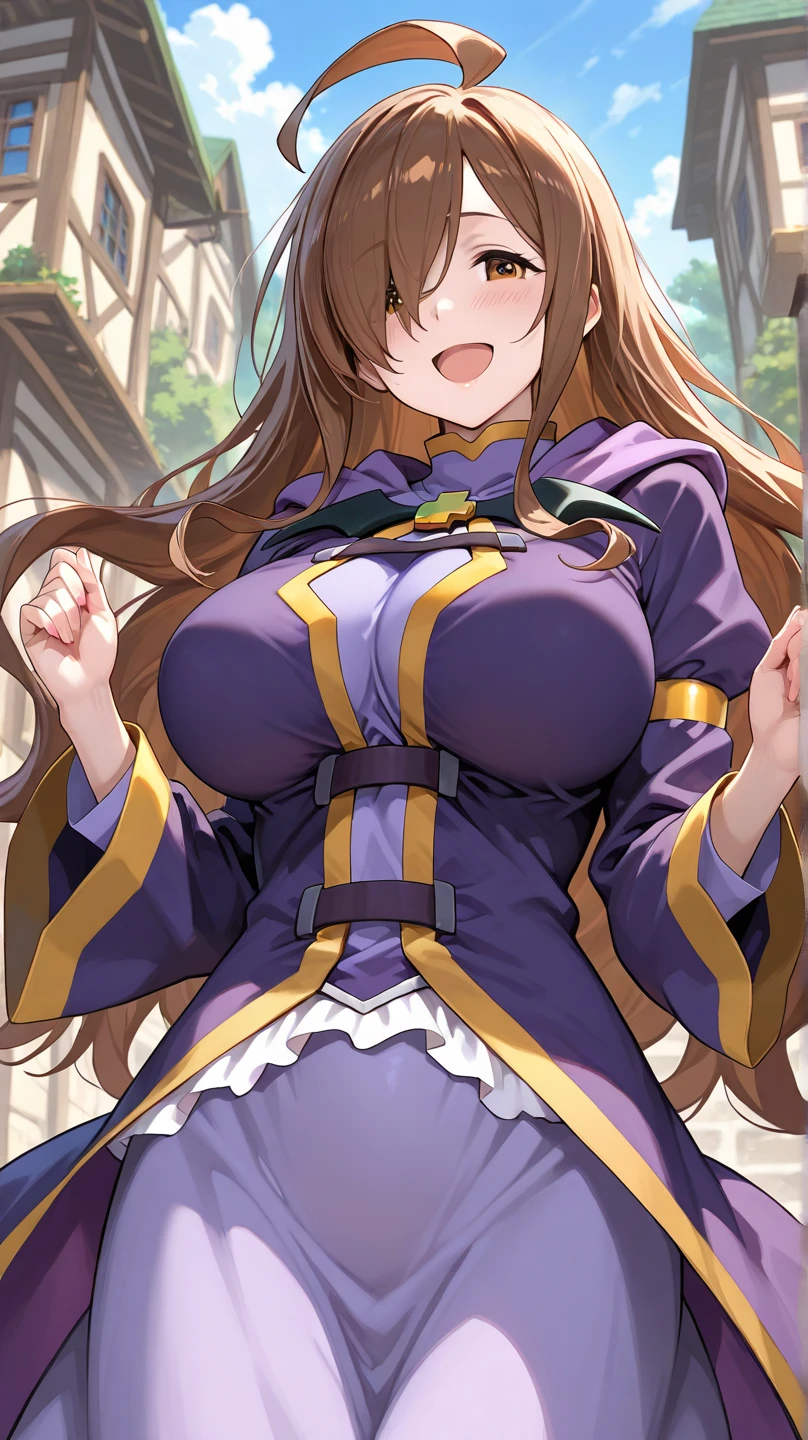masterpiece, mischievous smile, light blush, looking at viewer, huge breasts, sexy pose, scEstelle, long twintails, (brown hair: 1.5), hairclip, ascot, purple jacket, white pleated skirt, pantyhose, (open shirt: 1.5), nipples, detailed castle in the background