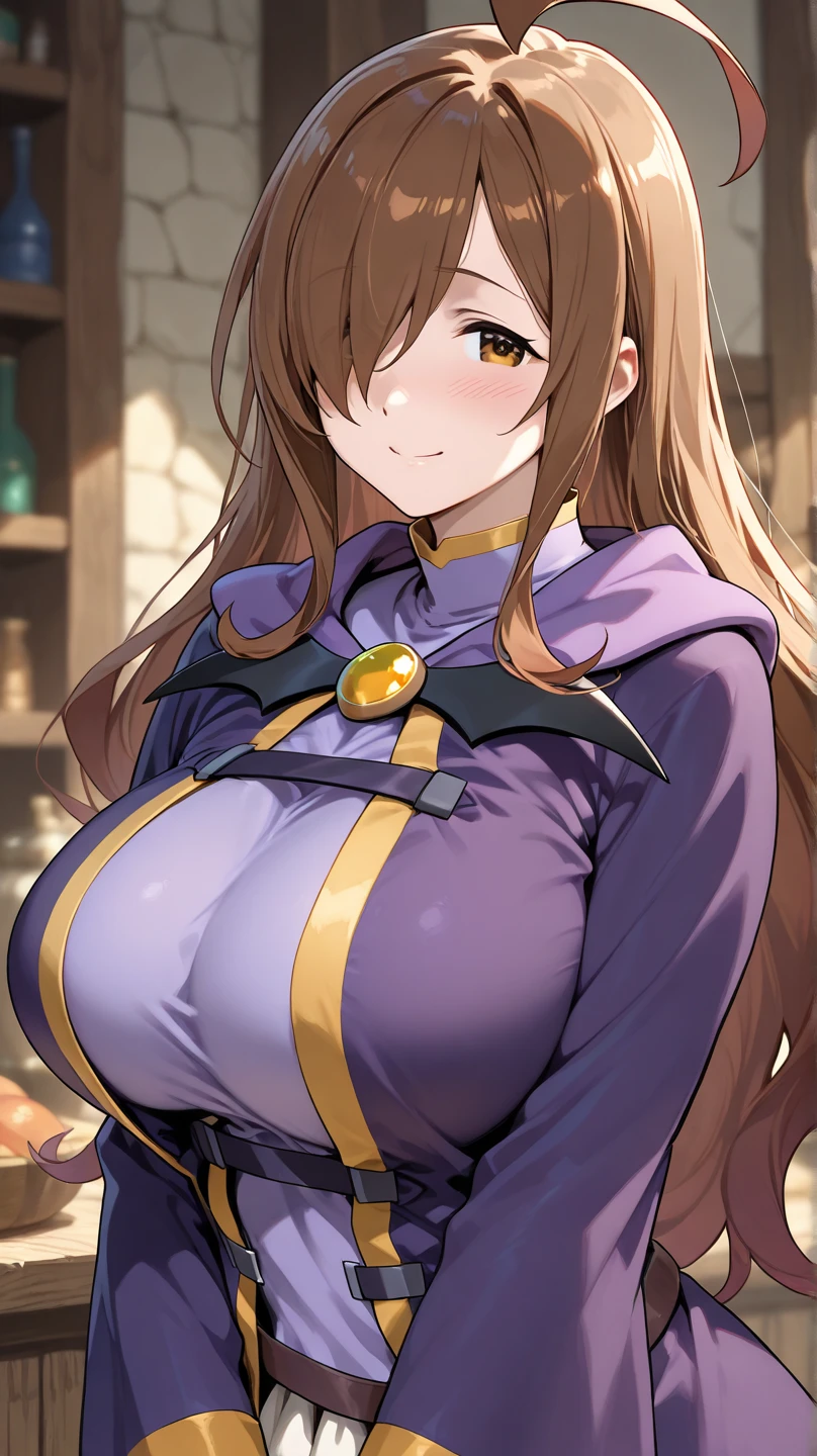 medieval queen, rpg queen, purple clothes, sexy clothes, brown hair, purple eyes