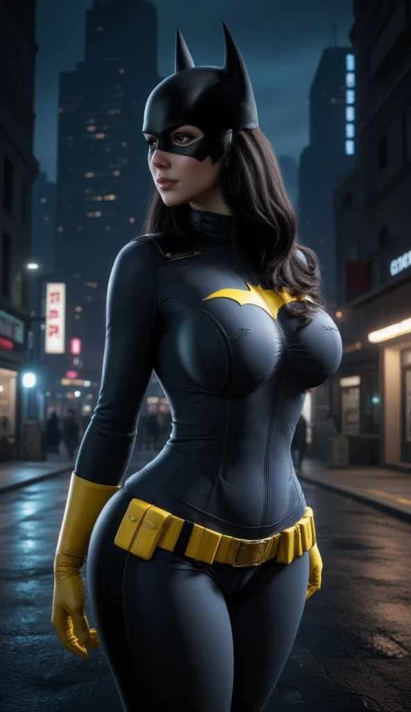 ultra realistic 8k cg, picture-perfect face, flawless, clean, masterpiece, professional artwork, famous artwork, cinematic lighting, cinematic bloom, perfect face, beautiful face, beautiful eyes, ((perfect female body, narrow waist, huge breasts)),absurdly long hair, very long hair, pattern, sexy, charming, alluring, jim lee,1girl, (batman uniform: bat signal, batman utility belt, cape, city, cloud, cloudy sky, gloves, lens flare), ((batgirl mask)), night, outdoors, rain , serious, sky, solo, spotlight, (superhero) , thick thighs, thighs, batgirl black boots, black leggings batgirl, seductive, erotic, enchanting, areola_slip, ( background with depth, blurred background), (masterpiece: 1.2) looking at viewer, blush, very detailed, (PureErosFace_V1:0.7), (cameltoe:1.2), (hourglass figure) , (ulzzang-6500- v1. 1:0.6), starry,starlight,night,