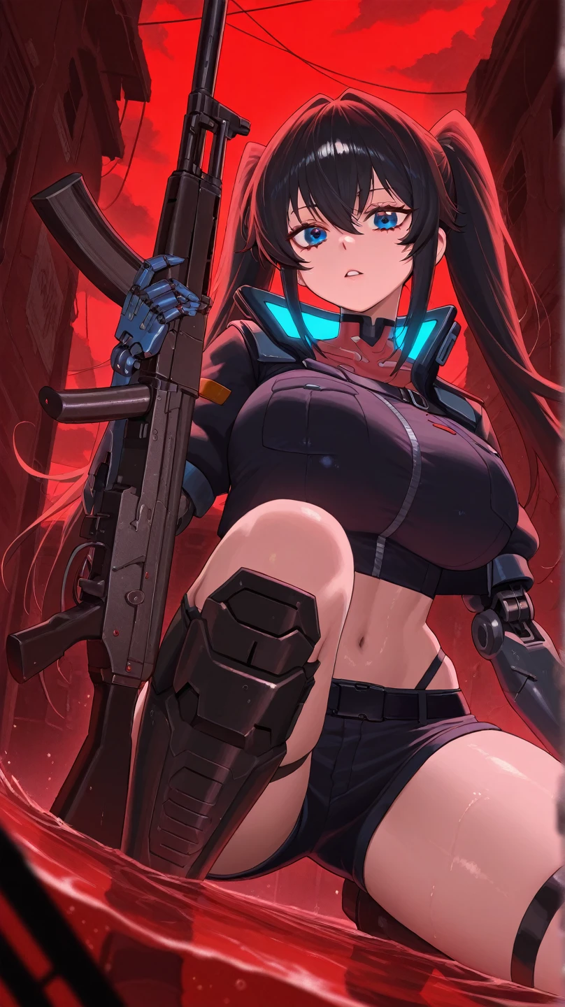 best quality, masterpiece, 1girl, russian, (solo, solo focus), grey eyes, beautiful detailed eyes, beautiful detailed face, perfect hands, complete fingers, perfect anatomy, perfect proportions, (long hair, aqua hair), (using weapon, uzi), detailed shadows, detailed light, (black skintight bodysuit, red leotard, shoulder holster), (full black pantyhose, skintight black leggings), matching boots, holding and aiming an uzi, dynamic action pose.