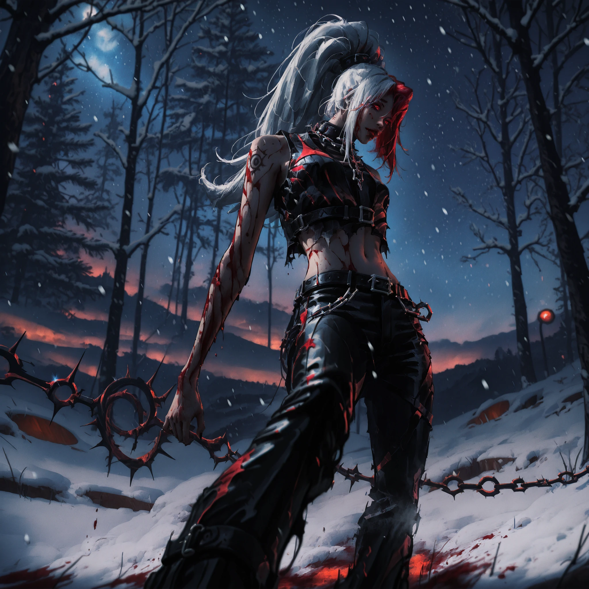artist: wlop, masterpiece, best quality, illustration,( a vampire with pale skin), silvery white hair, long hair, red eyes, ponytail, left side bangs of hair red color, detailed face, tight dark red and black leather pants with ripped holes , wearing cream color cropped top with stripes print , wearing cropped black leather vest , bare_stomach , fantasy, perfect anatomy, detailed, lighting, colorful, slim body, fit body, ideal ratio body proportions , tall , Realistic Shadows, detailed face, detailed eyes, epic, highly detailed, illustration style background, cinematic background, cinematic lighting, detailed eyes, Official Art, face focus, eye focus, high resolution, cinematic, perspective, dark tones, scenery background, pose, 8k, night sky, landscape, (official art), （scenography）, （the Extremely Detailed CG Unity 8K Wallpapers）, perfect anatomy, detailxl, SoulFightersStyle-IL.V1.0, SoulFightersStyleSplashArt-IL.V1.0, simplistic style, night sky, blood on clothes, blood splatter, torn clothes, dirty clothes, damaged clothes, deep in forest, night, moonlight, clothes torn skin showing, bleeding, (small breasts:1 . 17) , flat_stomach , 6 pack, navel , v_lines , hip_bones , snowing, snow, cold weather, winter, snow flakes, standing epic pose, spiked chain whip, 