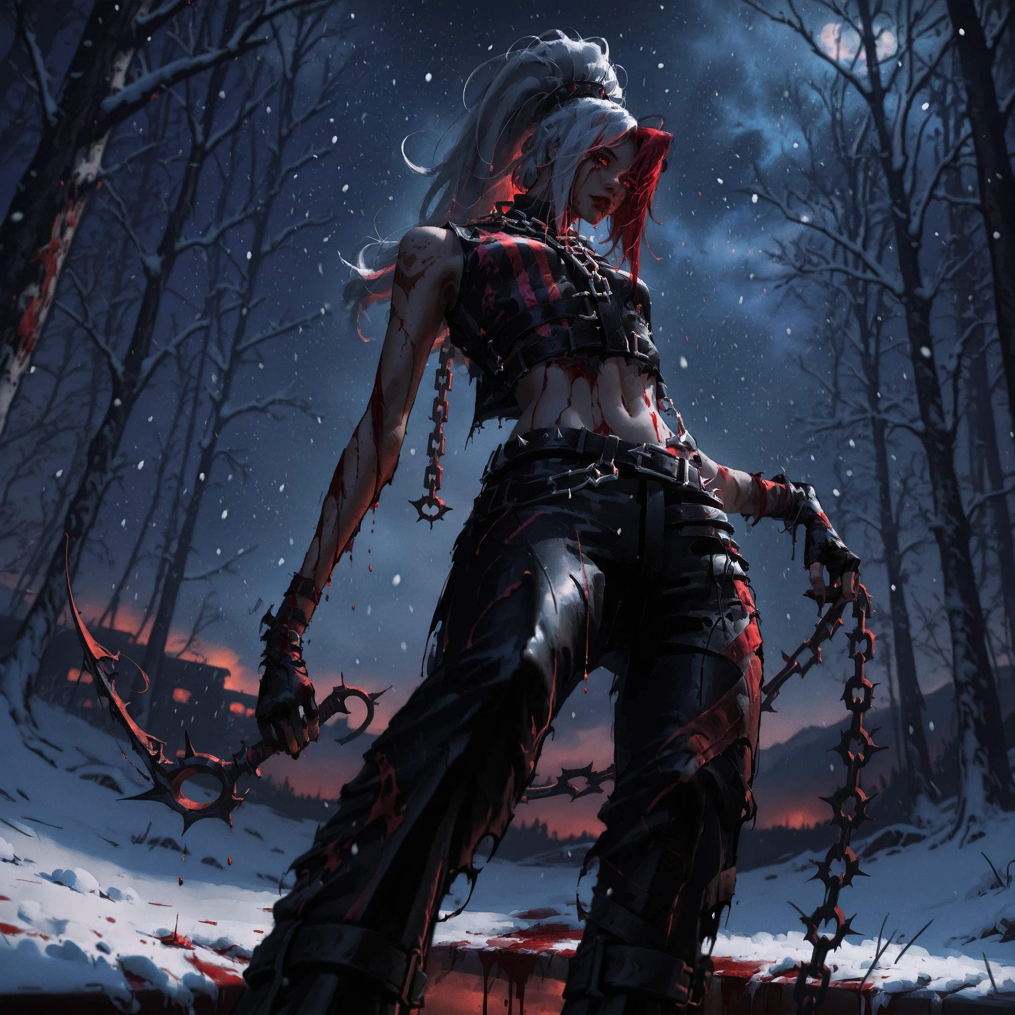 artist: wlop, masterpiece, best quality, illustration,( a vampire with pale skin), silvery white hair, long hair, red eyes, ponytail, left side bangs of hair red color, detailed face, tight dark red and black leather pants with ripped holes , wearing cream color cropped top with stripes print , wearing cropped black leather vest , bare_stomach , fantasy, perfect anatomy, detailed, lighting, colorful, slim body, fit body, ideal ratio body proportions , tall , Realistic Shadows, detailed face, detailed eyes, epic, highly detailed, illustration style background, cinematic background, cinematic lighting, detailed eyes, Official Art, face focus, eye focus, high resolution, cinematic, perspective, dark tones, scenery background, pose, 8k, night sky, landscape, (official art), (scenography), (the Extremely Detailed CG Unity 8K Wallpapers), perfect anatomy, detailxl, SoulFightersStyle-IL.V1.0, SoulFightersStyleSplashArt-IL.V1.0, simplistic style, night sky, blood on clothes, blood splatter, torn clothes, dirty clothes, damaged clothes, deep in forest, night, moonlight, clothes torn skin showing, bleeding, (small breasts:1 . 17) , flat_stomach , 6 pack, navel , v_lines , hip_bones , snowing, snow, cold weather, winter, snow flakes, standing epic pose, spiked chain whip,