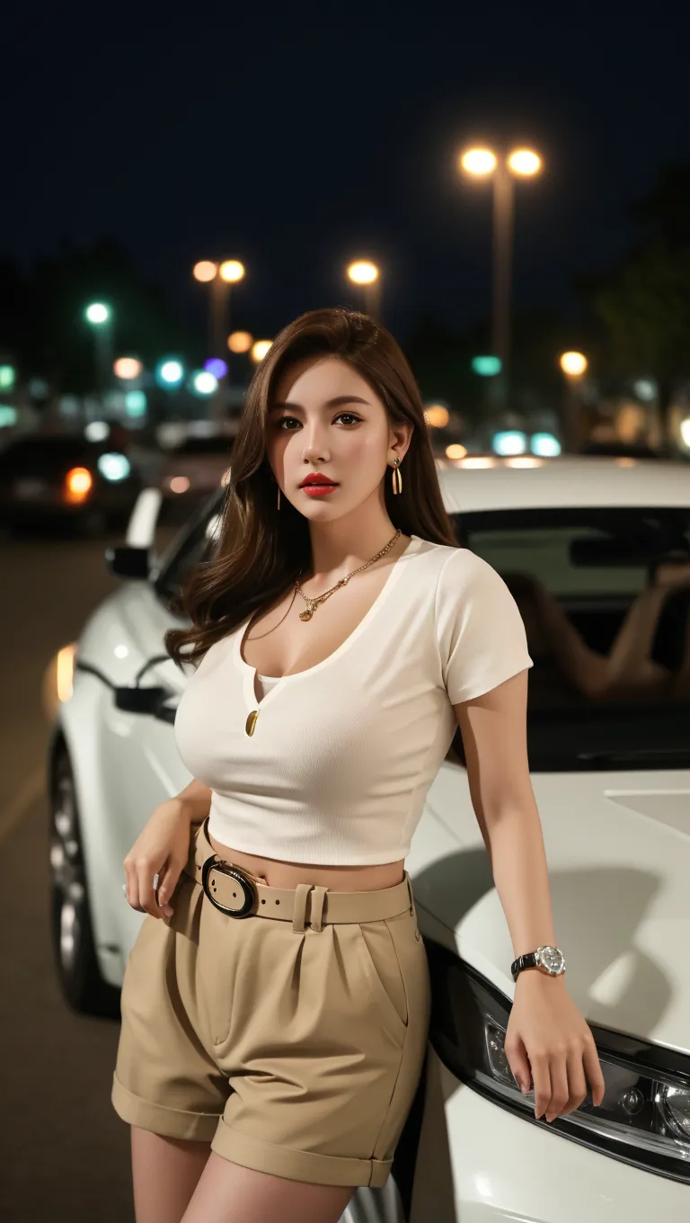 Top quality, masterpiece, ultra high definition, (Real: 1.4), Original photo, (Evening Street), 1 girl, huge breast:1.4, black eyes, looking at the audience, long hair, light makeup, lips, small ears, dress t-shirt, mini bra sexy, plaid mini skirt, skirtlift, open legs, show pubic hairs detailed, dark hairy pussy:1.3, earrings, standing side red car Ferrari, naughty pose, chubby, 