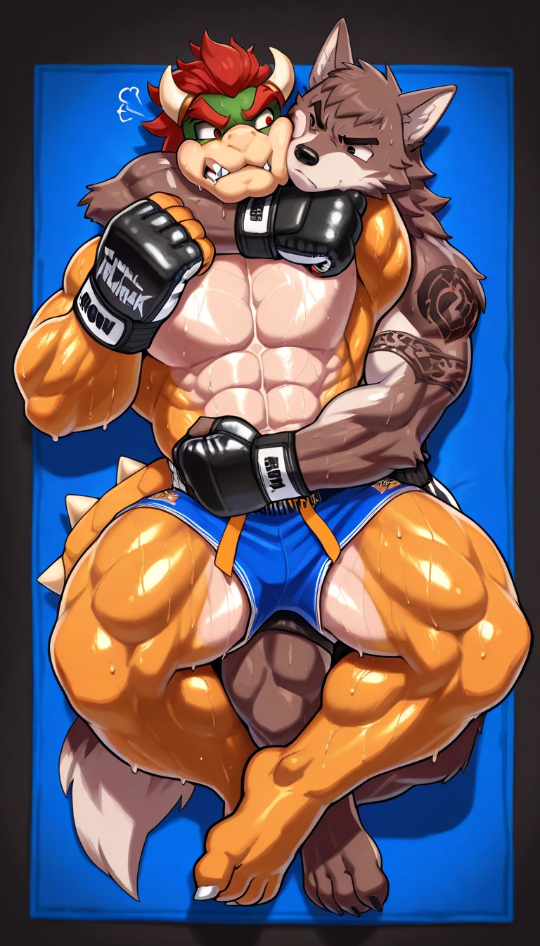 Super muscular adult boar beastman,(Wear a full uniform:1.7),Open your mouth and stick out your tongue,Surrounded by men,(a large amount of semen on the face and body,:1.6),wrestling,(Anal Sex:1.7),(Nipple ring piercing:1.3),Cumshot from huge red and black erect penis,scrotum,(Masked:1.5),Brown fur,Black hair and beard