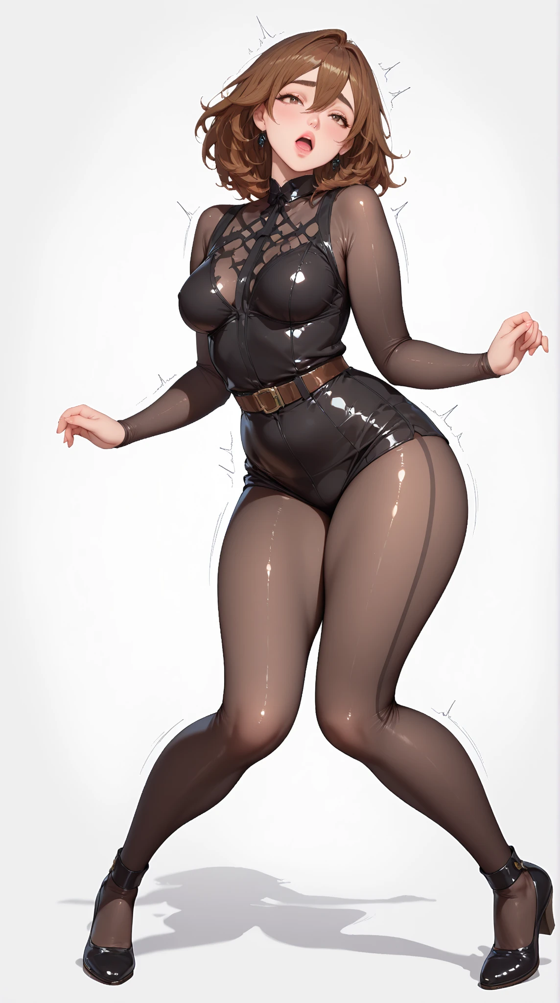 Jessica, with her big breasts, long beautiful legs and twin tails, is standing with her hands on her hips in a black high-cut bunny suit and fishnet stockings.。