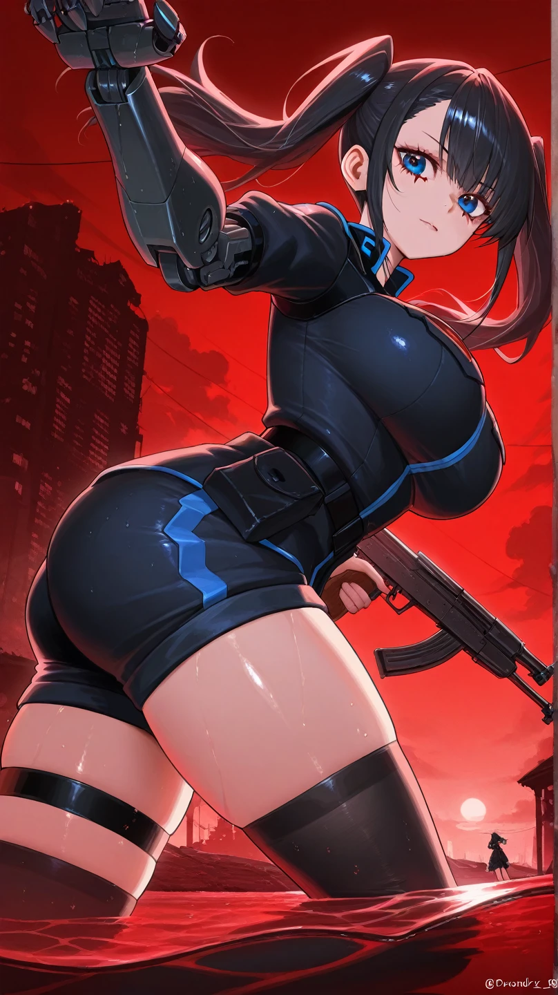 young girl, Pullover, whole body to see, short hair, (( very wide hips)), (((colossal Thighs, gigantic thighs, very huge thighs, very big thighs))), fullbody, high platform heels, soldier girl, Fit girl, ABS, high cut leotard, Cyberpunk, angry smile, holding gun, Battle, short hair,