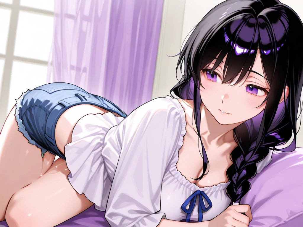 (((Pixel Perfect, Perfect detail))), ((alone, 1 girl)), fern, long hair, bangs, (purple eyes:1.1), purple hair, sidelocks, blunt bangs, (bright pupils:1.5), half updo, long sleeves, dress, white dress, long dress, robe, black robe, (bra), (lying on the bed:1.3), (spread legs:1.3), (showing panties :1.3), upper body, indoor