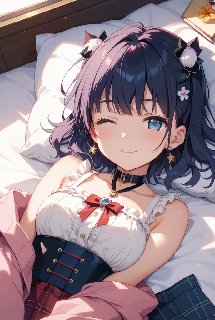 (best art,illustration,IB,three point perspective, top view，ultra high resolution, masterpiece, best quality，Extremely detailed，The facial details are very rich,best artwork，（（perfect arms，Perfect analysis structure，perfect leg structure，delicate fingers）），a girl，sitting on bed，（Looking up），（In bed at home，mansion）（giggle，Bare fangs，smug，Happy，blush），rikka takanashi