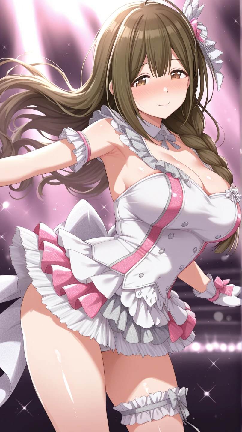 highest quality、All limbs、full finger、Slender beauty、straight hair、brown hair、Dereste、green, white and purple idol costume、white panties、high socks、beautiful big breasts、live stage、sing、dancing、big smile、tits