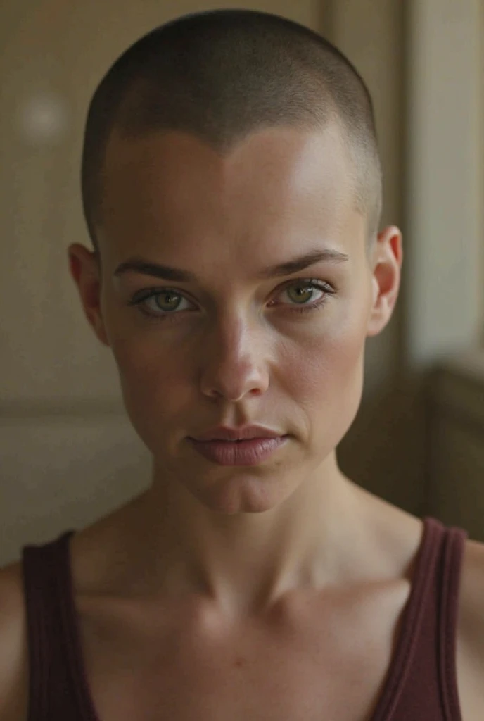 <lora:womanbuzzcut:0.9>, womanbuzzcut, photo of a cute woman with shaved head , atompunkstylesd15, abandoned diner