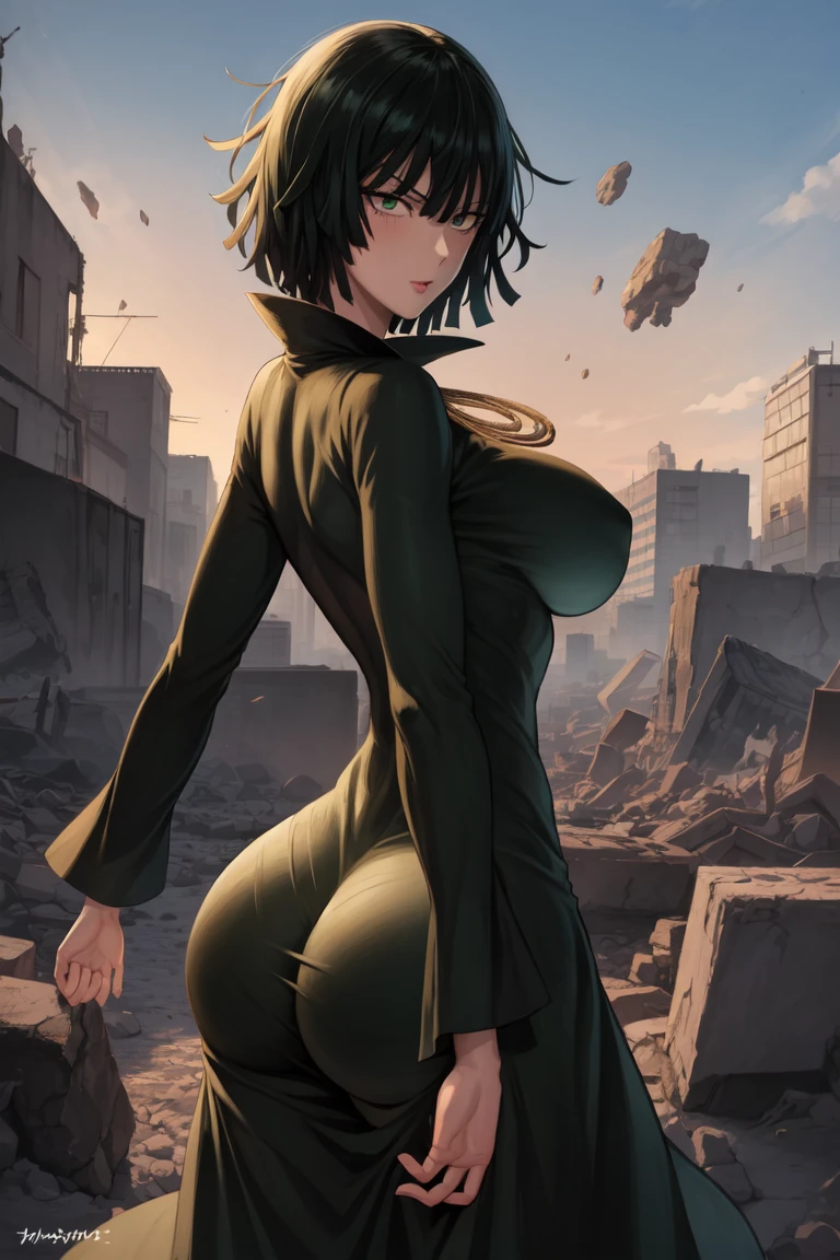 Anime art style, Fubuki from one punch man, green hair, white skin, wearing V-neck dress, standing on destroyed city, cinematic lights, blushing cheeks, big breast, big booty, NSFW, back view. 1 girl/fubuki