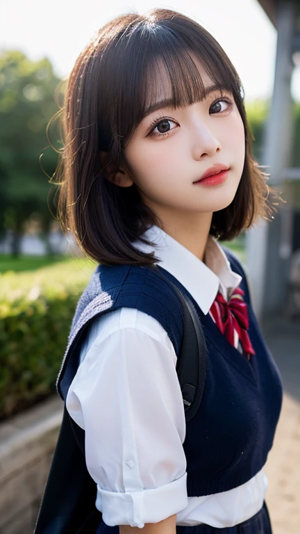 8K, 超A high resolution, Top image quality, masterpiece, A hyper-realistic, a picture, 1 rapariga, (sixteen years old:1.3), Cute little girl s, cute face, beautiful finely detailed eyes, beautiful finely detailed eyes, (School Girl:1.5), (Medium big breasts:1.2),((Shining eyes)),(full bodyesbian),A little smile,