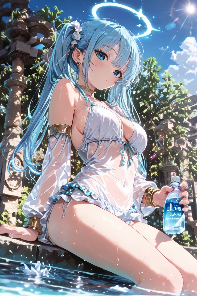 (Masterpiece)、(highest quality)、((Super detailed))、(Ultra delicate)、Pastel colored hair、Beautiful breasts、Young princess bathing、wet white dress