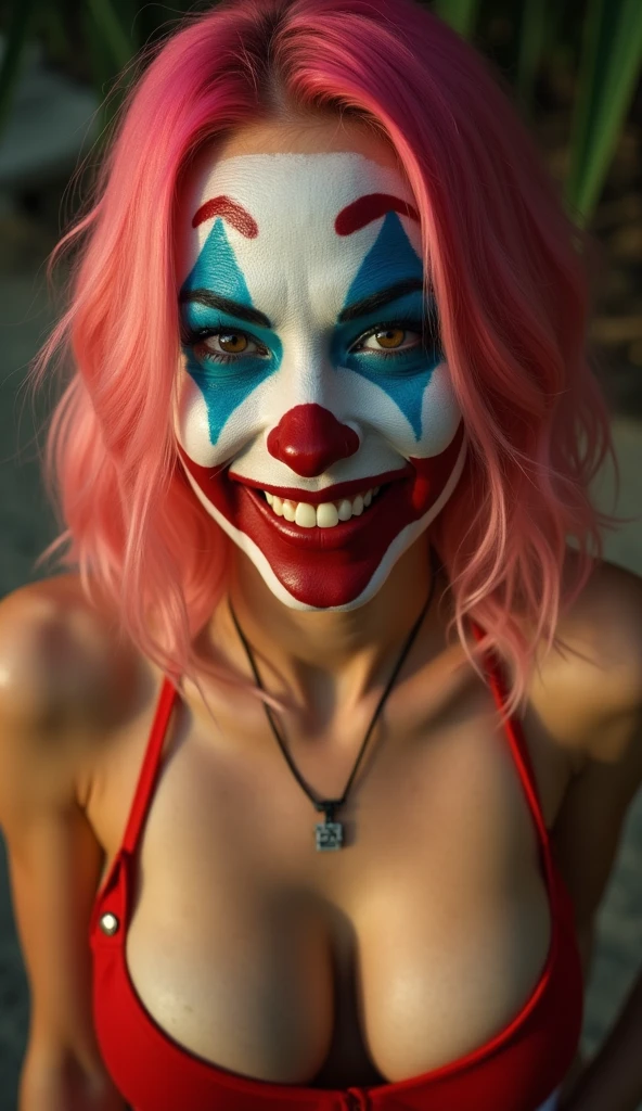 {
  "prompt": "A faithful female version of the iconic Joker from DC Comics, reimagined with a seductive yet psychotic allure, wearing sexy, thematic attire while posing in a popular Japanese setting. She has pale white skin and wild, vibrant green hair styled in messy, chaotic curls. Her makeup is heavy and smeared, inspired by Heath Ledger’s Joker, with dark, hollow eyes surrounded by smudged black makeup and a blood-red, twisted smile that extends unevenly beyond the corners of her mouth, creating a chilling yet irresistible grin. She wears a form-fitting, purple crop top with a plunging neckline and a light green high-waisted mini skirt that highlights her toned physique. She completes the look with matching light green high-heeled sandals. She stands confidently in front of a traditional Japanese landmark, such as a pagoda or a torii gate, with the vibrant colors of the setting sun or city lights adding to the ambiance. Her pose is both alluring and provocative, with one hand resting on her hip and the other playfully twirling her green hair. Her gaze is filled with a mix of madness and seduction, creating a striking and unforgettable contrast between her chaotic appearance and the serene beauty of the Japanese backdrop.",
  "size": "1024x1792"
}
