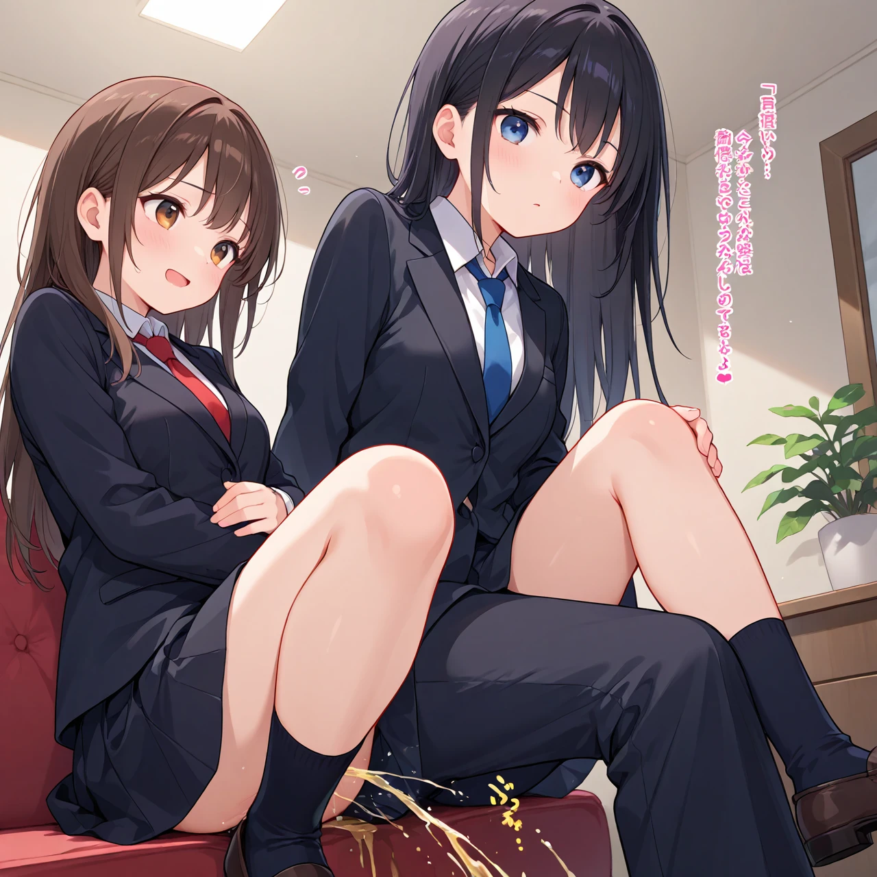 undressing busines suit,2girls,smile
