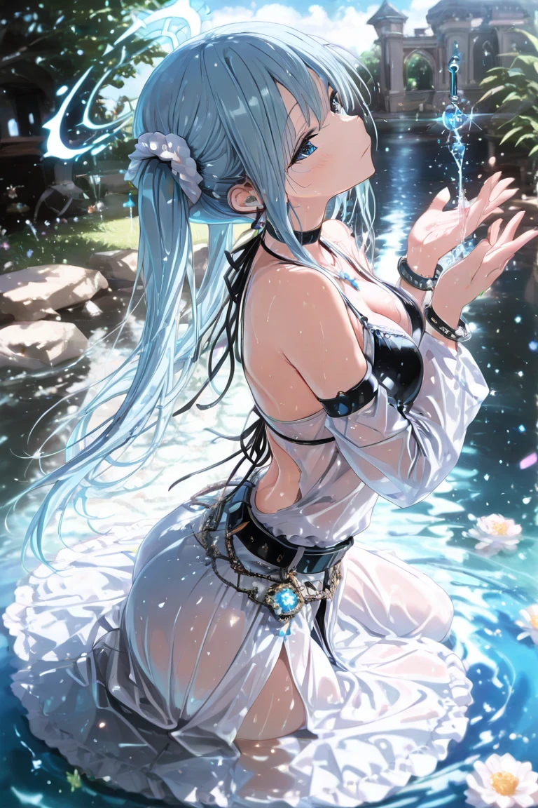 BREAK looking at viewer, BREAK (masterpiece:1.2), best quality, high resolution, unity 8k wallpaper, (illustration:0.8), (beautiful detailed eyes:1.6), extremely detailed face, perfect lighting, extremely detailed CG, (perfect hands, perfect anatomy),outdoor,onsen,hot springs, night,aqua, long hair, blue eyes, hair ornament, very long hair, blue hair, hair rings, single hair ring, hair bobbles, thighhighs, bare shoulders, detached sleeves, white thighhighs, , green bow,nipples,nipples see through,sideboob,sexy lingerie,black lingerie,lace bra,from behind,back view,bend down.