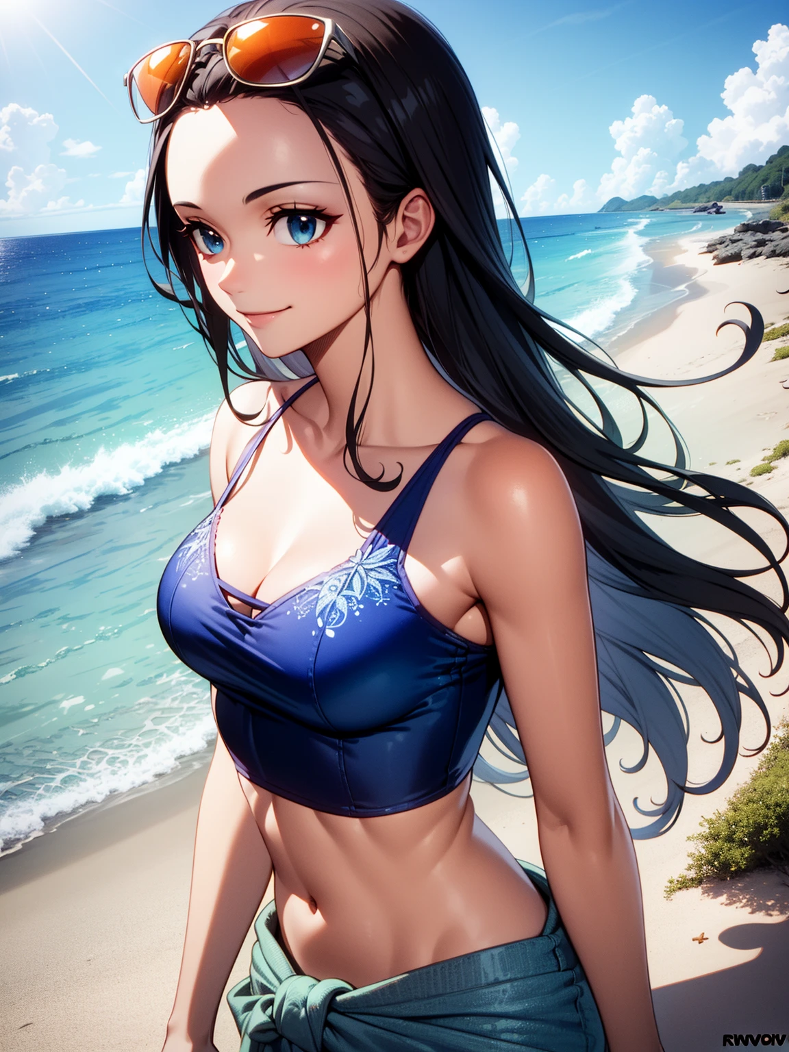 (((uma menina))), olhos azuis escuros, cabelos longos, A beautiful girl is on the beach, (((sentado na areia))), 25 anos, master part, alto contraste, (((black bikini))), seios grandes, (alta qualidade :1.5), cabelos pretos, (((Sorriso com a boca fechada)), corar, Corpo alto, mulher madura, ao ar livre, face madura, ((high resolution)), ((Praia, praia vazia)), ((vista retrato)), ((mulher sexy, sedutor)), (((quadris largos)))