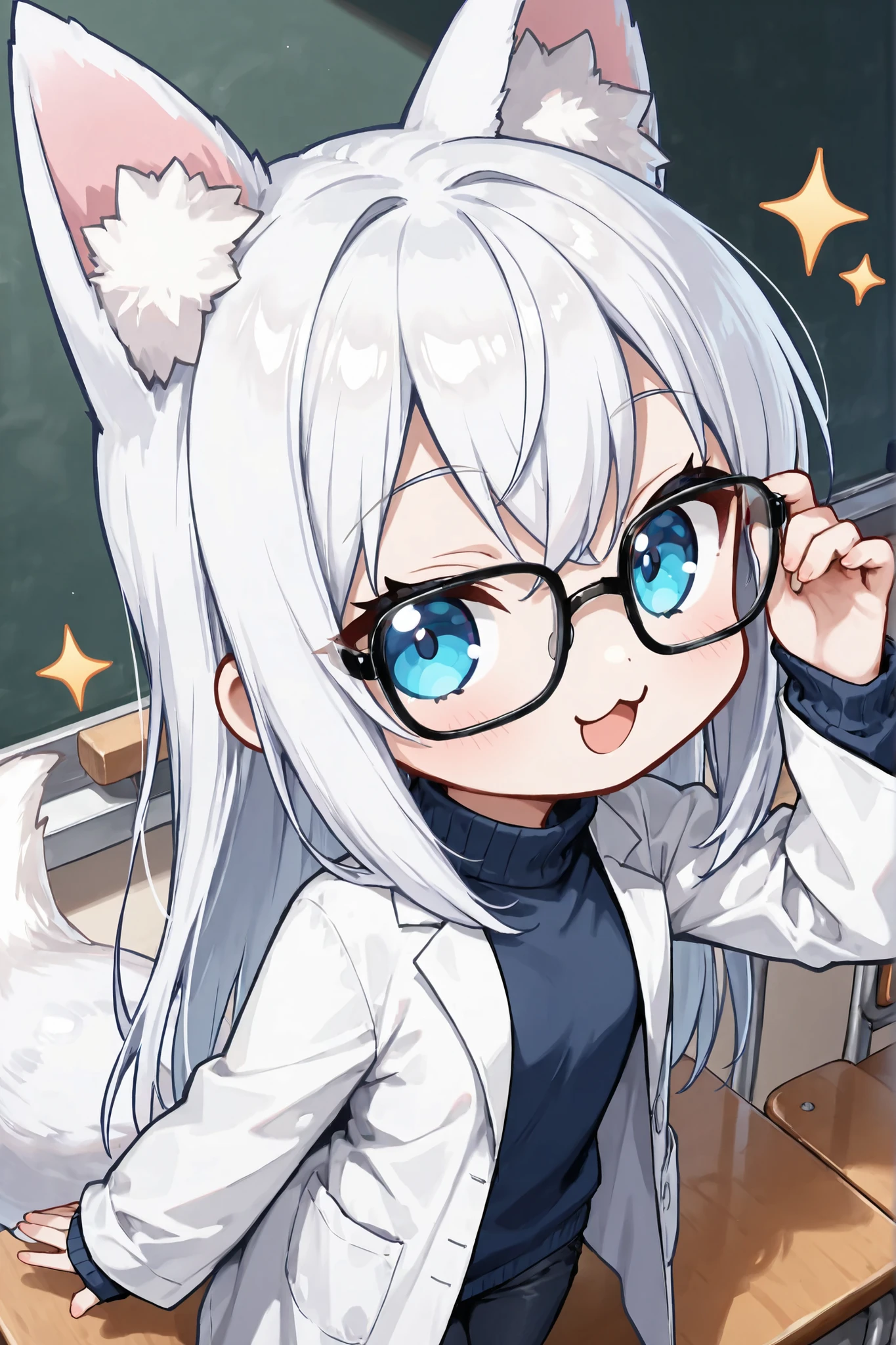 ((Masterpiece)),((best quality)),((incredibly absurdres)),((8K)),(anime style),(chibi character:1.2),super deformed,small body and big head,(2-head tall),cartoonish proportions,

1 (chibi girl) ,(anime chibi),solo,white hair,long hair,straight hair,blue eyes,cute,kawaii,BREAK (white fox ears,white fox tail),white ear hair,pink inner ear, 
((black eyewear)),square glasses,(navy blue turtleneck shirt),long sleeves,(wide sleeves:0.5),black skinny jeans,lab coat,sleeves past wrists,untucked shirt,Shirt hanging loose,
(:3),smile,open mouth,look at viewer,facing at viewer,
hand on eyewear,
classroom,(Blank chalkboard) behind the girl, Particle,Soft light,Lighting,
upper body,from above,sparkle,