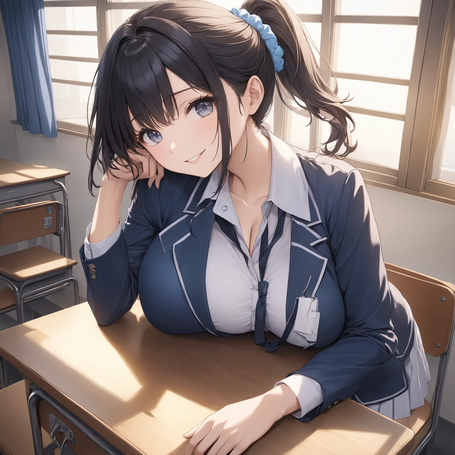((highest quality)), ((masterpiece)), (detailed),solo,(Suzu Hirose), Perfect Face,(detailedな青い目):1.5,cute,sexy,high school girl,((日本のhigh school girlの制服の白い半袖のシャツ,Unbutton all white shirts)):1.5,Navy blue pleated mini skirt,((Big Breasts)),(Cleavage),(Nipple bumps),Perfect slender body style,Black Hair,Long Hair,(Pure Bangs),((See-through)),(School classroom):1.5,((Sit on the desk with your crotch exposed,Leg spread,Sit with your knees apart)),(The female genitals are in full view),(Man muscle),nsfw