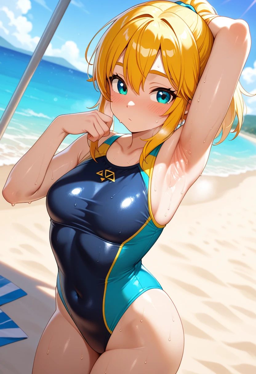  (White background, 1girl:1.4), BREAK,Long blonde hair, blue eyes,Narrow waist,voluptuous Breasts,(one-piece competitive swimwear,one-piece competition swimsuit:1.6), blush,Open your mouth,(covered nipples:1.2)