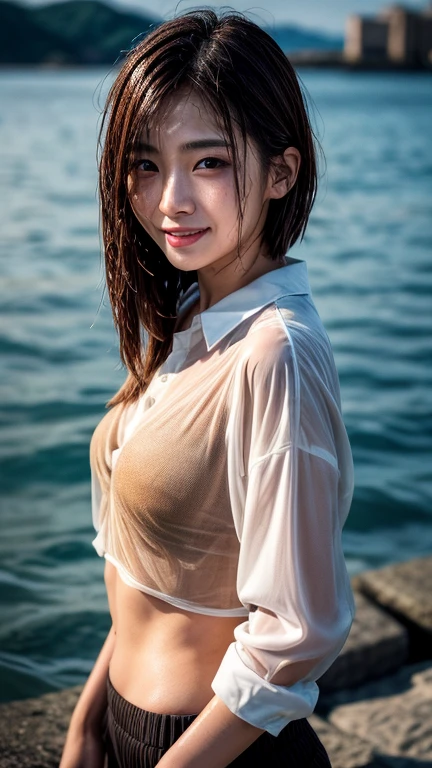 Mastepiece, Best Quality, (Highest quality、8k、masterpiece:1.3)、Ultra-high resolution、Physically Based Rendering、(Photorealistic:1.37)、Beautiful woman with perfect body:1.4、Slim abdomen:1.2、Highly detailed face and skin texture、 Red Cheeks、White skin、Narrow waist,Thin legs、Highest quality,Very beautiful woman, (cute:1.2),Perfect Glowing Skin、((In the river))、(((Lower body nude)))、(((Pubic hair is visible)))、smile、(((Wet T-shirt)))、(((Wet body)))、((Hair blowing in the wind))、((Black boots))