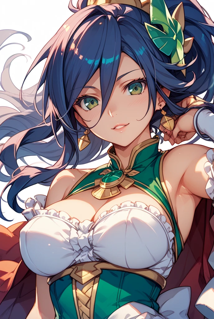 1 Female,High definition,high resolution,Ultra-realistic,8K, Camula, 1girl, solo, portrait, upper body, looking at viewer, smile, long red dress, armlets,European,sexy,Upper body close-up,Photographed from the front,Dynamic Angles,(blush:1.3),(sitting),(selfie),(wide thighs:1.3), (small tits),green hair ,((nipples)