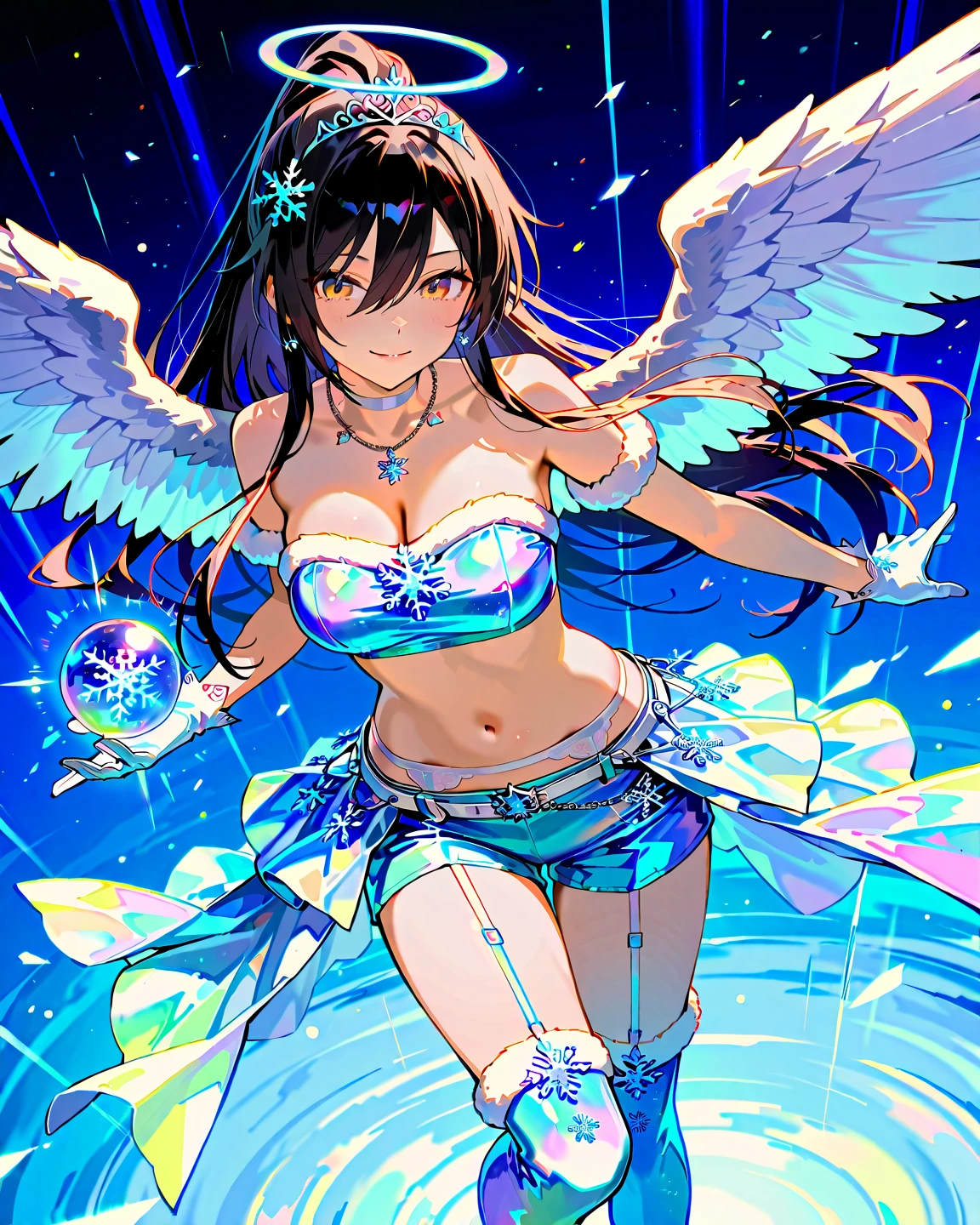 4k ultra hd, masterpiece, a girl, good face, detailed eyes, detailed lips, angel girl, big wings, transparent wings, neon lights, magnificent background, white Transparent dress, undress, no underwear, bare waist, feather crown, starry sky background, divine light, attractive pose,