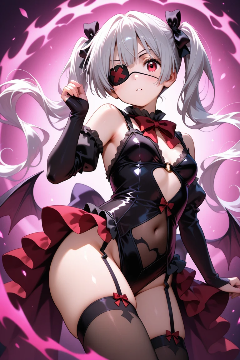 Succubus, red pupils, cute, white hair, curly hair, long hair, sitting on the ground, gothic style, barefoot, demon wings, big white legs, legs apart, inner thighs exposed, no panties, female genitalia exposed, sunset, city, dusk, panoramic lens (wide angle lens), dark, real, HD, less clothes --auto --s2