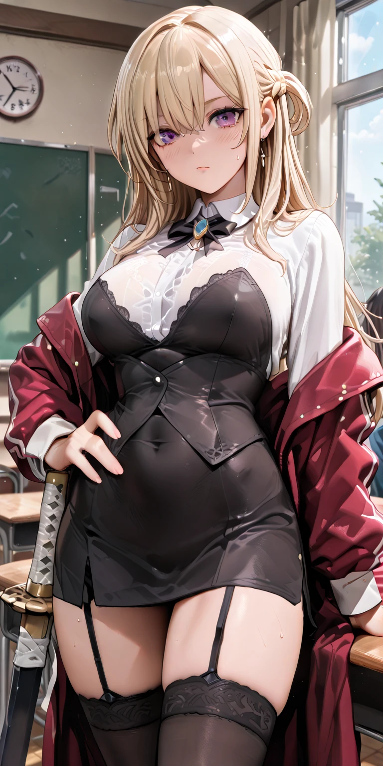（（super high quality,））（（Ultra-high resolution,））（16K,）（super masterpiece,）（（Ultra HD ,））（Detailed shading,）Full body photo,One sexy woman,high collared white shirt,Long sleeve,Cleavage,Black tight skirt,smile,