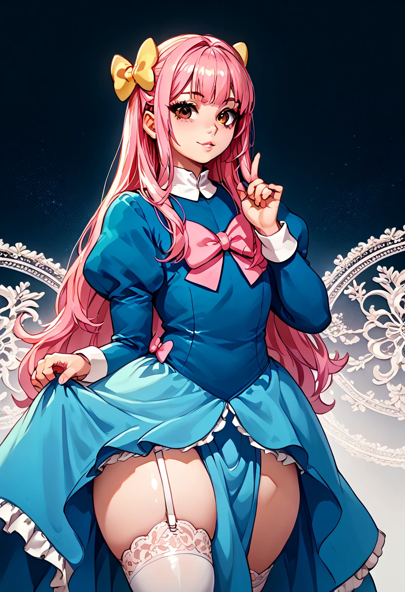 Magical girls of three different heights holding magic wands、Plain white with emphasis on the chestTshirt、You can see the chest from the neck、Ultramarine and white striped mini skirt、When you lift up her skirt you can see her cute pink frilly underwear..、Fluffy, White frilly flared skirt、When she lifted her skirt, She found some cute red frilly underwear、barefoot、classroom、