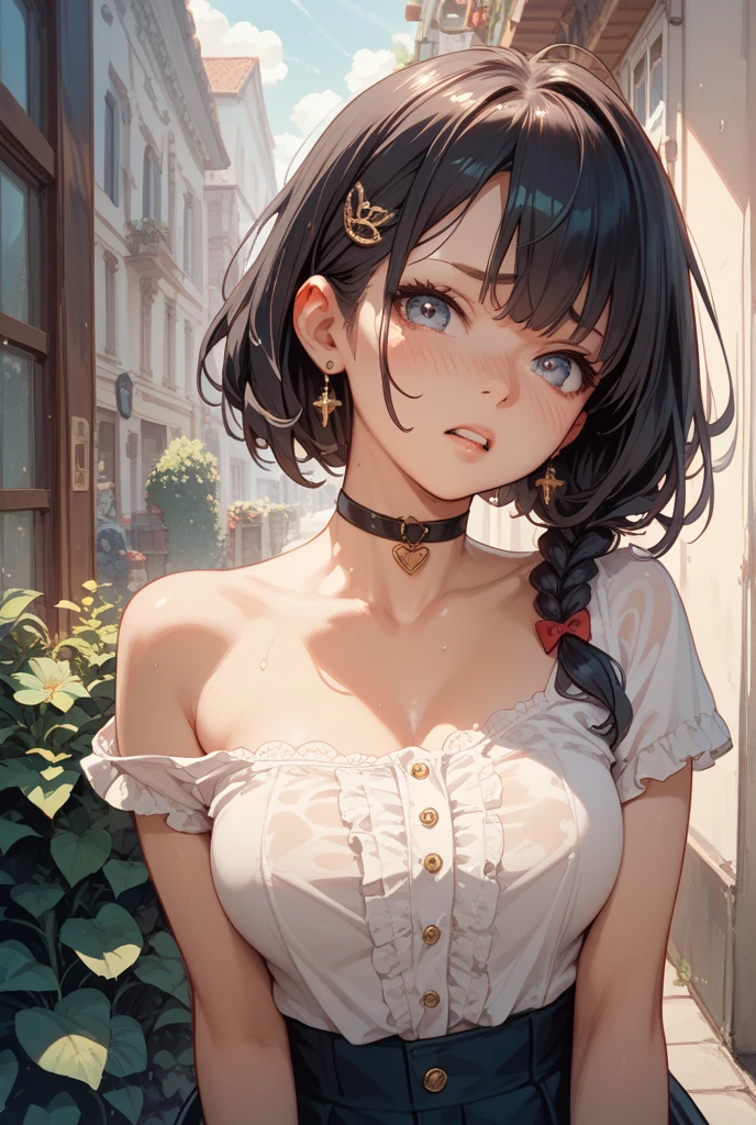 ((Highest quality)), ((masterpiece)), (detailed), One person, (Large forehead:1.2),extremely detailed cute anime face, (((Flat Chest))), (Flat Chest:1.1),((((Short Bob Hair)))),Complex eyes,beautiful detailed eyes,Symmetrical eyes,(((detailed face))),beautiful detailed lips, Young face,low length，9 years old，Pretty face， (((Embarrassing))),(Lips waiting for a kiss),(My heart is pounding with anticipation.)、A loose negligee that reveals the skin、Hold、Triangle sitting、barefoot、Spilling milk on the face、Wide composition、Fisheye Lens