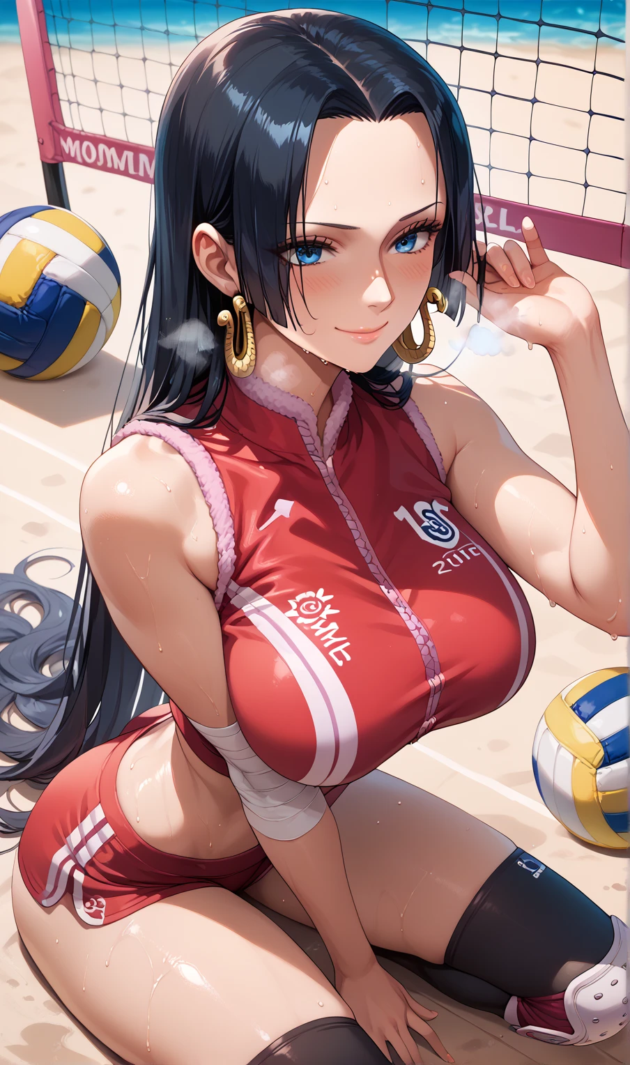 (asura art style:0.7), score_9, score_8_up, score_7_up, score_6_up, uncensored, yor briar, black hair, white hairband, red eyes, sidelocks, BREAK (masterpiece:1.2), best quality, high resolution, (beautiful detailed eyes:1.3), perfect lighting, (perfect hands, perfect anatomy), hearts, pleasured, huge breasts, 1girl, breasts, visor cap, volleyball, cleavage, sunglasses, bikini, navel, swimsuit, solo, volleyball \(object\), thighs, outdoors, beach, open mouth, smile, sky, looking at viewer, alternate hairstyle, day, volleyball net, blue sky, veiny breasts, sports bikini, bare shoulders, ball, sweat, sportswear, collarbone, :d, red headwear, holding, thick thighs, sand