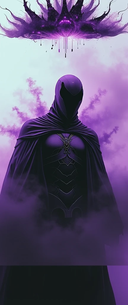 Deity, ancient being, tall, horns forming a crown, alien, humanoid body, omnipotent, semi-naked, long violet-black and red cloaks partially cover the body, skull for head, fissures for eyes.