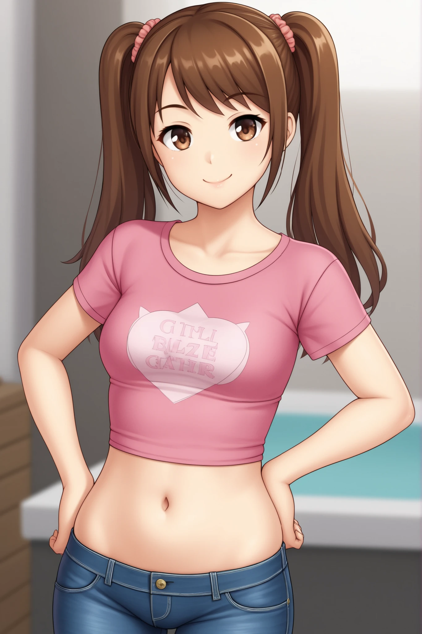 Solo, girl, brown hair, twintails, jeans, tight pink t-shirt, midriff, navel, smiling, closed mouth