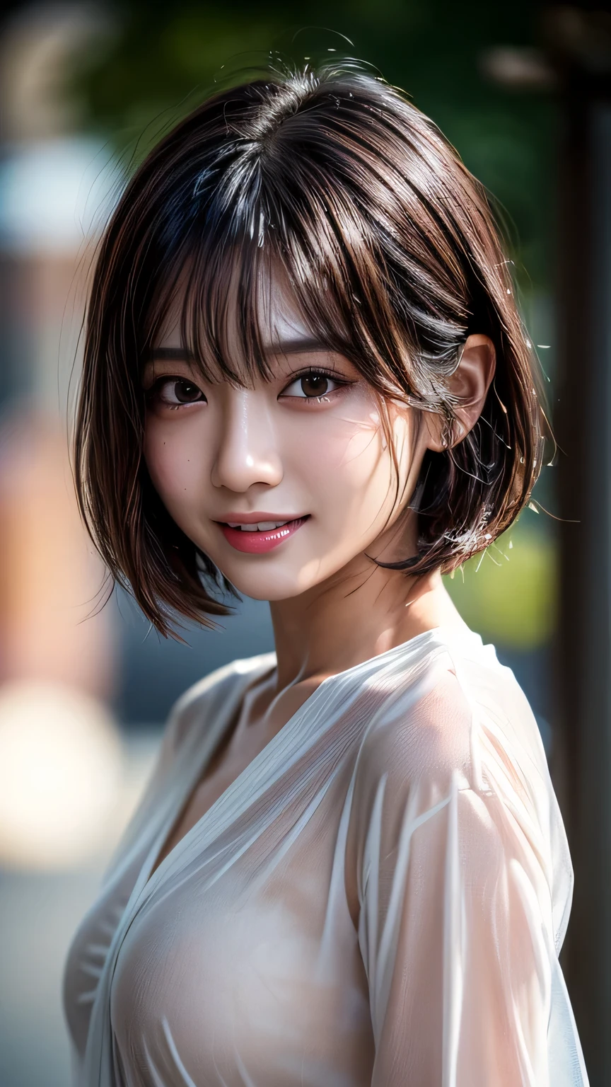 (8k, RAW Photos, highest quality, masterpiece, Realistic, Realistic), (1 female), (Ultimate beauty), Highly detailed face, (Perfect Teeth), Beautiful Eyes, double eyelid, eyelash, smile, Lip details, (Neat brunette bob), The light shines on your face, Big Breasts, ((Colorful mini dresses)), (Front view), (background: none), Background blur
