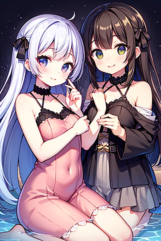 masterpiece, best quality, <lora:anmiXL_V1:1.0>multiple girls, 2girls, smile, dress, black dress, blue eyes, starry sky, star \(sky\), sky, night, open mouth, sleeveless dress, night sky, long hair, choker, bare arms, breasts, bangs, sleeveless, brown hair, black choker, collarbone, blush, brown eyes, outdoors, looking at viewer, grin, small breasts, :d, star \(symbol\), bare shoulders, grey hair, star print, cowboy shot, standing, hair between eyes, holding, one side up, frills, thighs