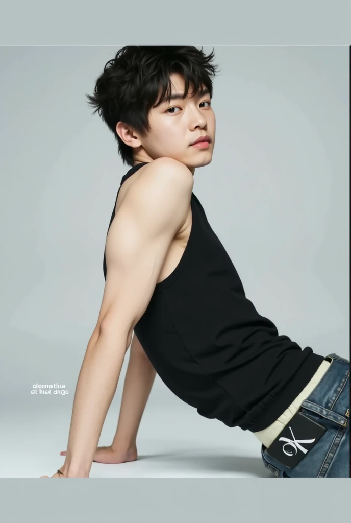 Boy 10–12 years old., he wears a black top and black short shorts, Furry, little smile