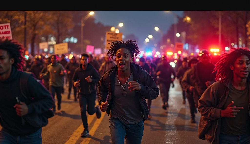 Black man running in white underwear on a busy street, running away from the cops.
