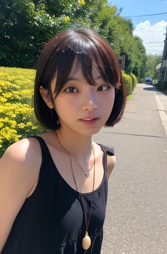 In the grass park、Arabian asian woman wearing black t-shirt,Medium Short Hair、Yoshitomo Nara, shikamimi, Chiho, mayuri shiina, sakimichan, For whom?, Chiho ashima, Girl cute beautiful face, [32k hd]^10, narumi kakinouchi