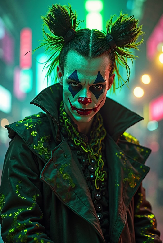 A futuristic clown with neon cybernetic implants, green digital smoke rising from his face, and high-tech makeup. The background is a dark cyberpunk cityscape.