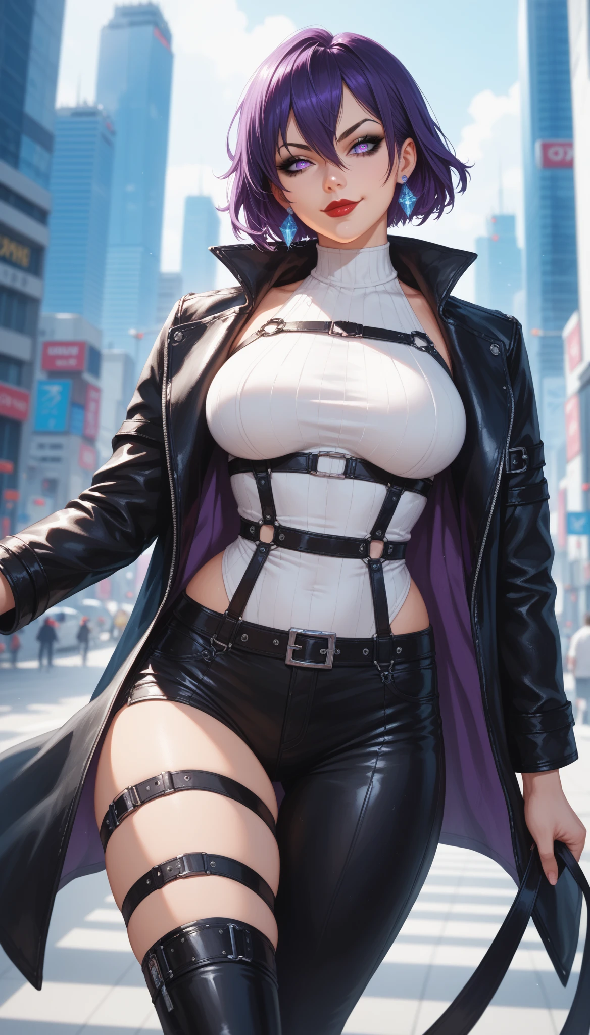 Best quality, une fille, tenue sexy moulante, beau cul, beaux seins, de dos, cyberpunk, la nuit, il neige
