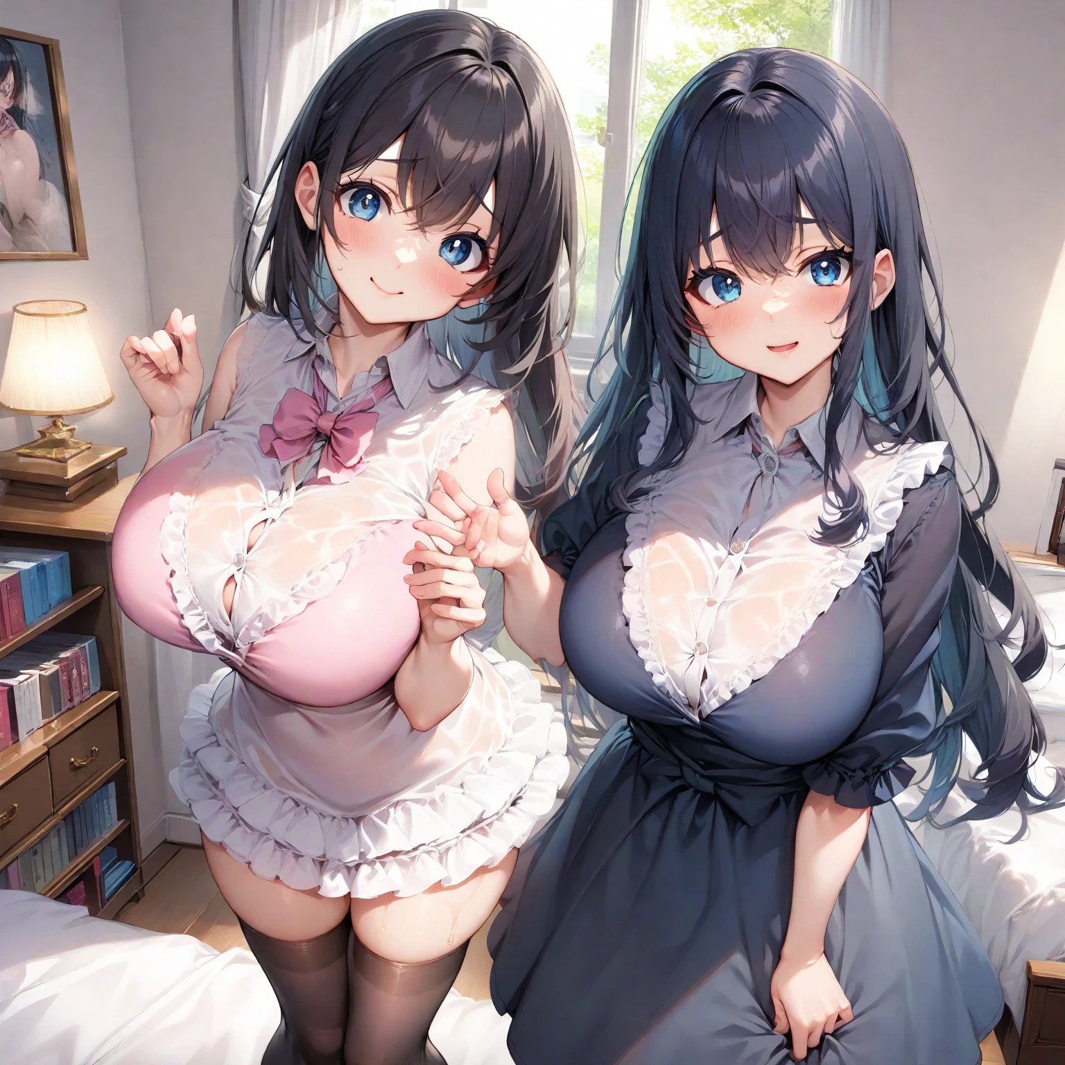highest quality,wonderful,finely,extremely detailed CG Unity 8K wallpaper, (Stand in line:1.2), (3 girls, cute eyes, Black Hair, side ponytail, clothed), (sparkling eyes:1.2), (huge breasts:1.2), (wariza:1.4), (cleavage), (open mouth:1.1), (long tongue:1.1), (mouth drool:1.1), (black stockings:1.1),(Thighs:1.2),(Waistline:1.1),(Waistline), (From above:1.4)