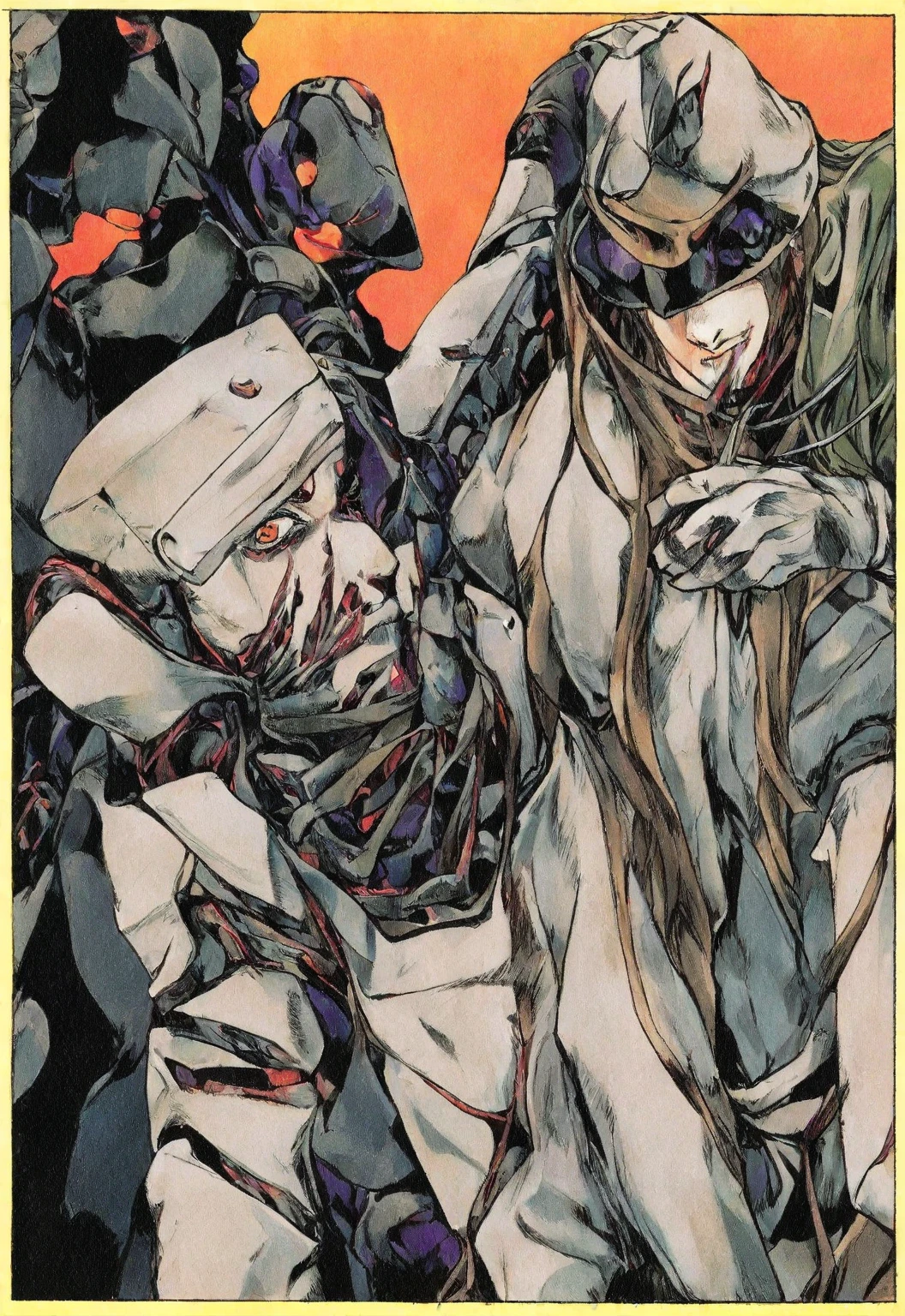 whaite hair，Red eyes，schoolboy，blood stain，Scalpel in hand，Doctor clothing，In the operating room，The psychopath smiles，mechanicalparts， terroral，background inside dark，unnerving