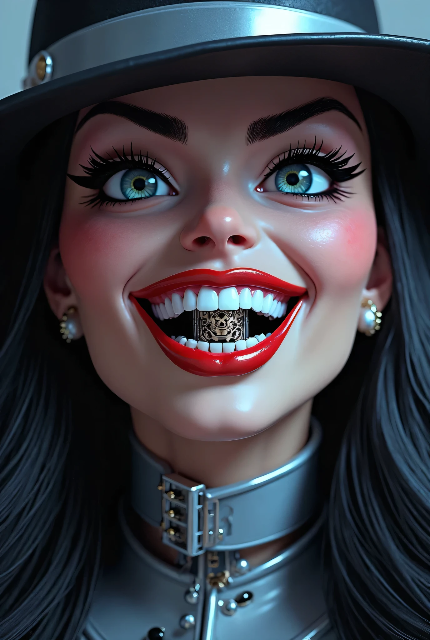 cinematic lighting, hyper realistic, 8k, highly detailed, photorealistic, masterpiece, sexy detailed emo girl, big black emo hairstyle, black eyeliner, big smile, perfect teeth, leather jacket, black corset, big breasts, big cleavage,