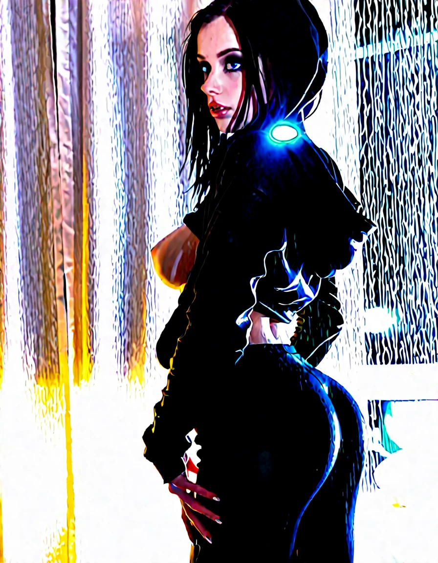 Sexy Hermaphrodite, Plump, pursed lips, Smooth Skin, Black hair with bangs.Crystal blue eyes with smoky eyeshadow and black eyeliner, Black semi-matt lipstick, Dark Skin, A frivolous, proud smile, ,Full body image、Plain white background、Thigh high boots with black pin heels.Angle from behind.Doggystyle